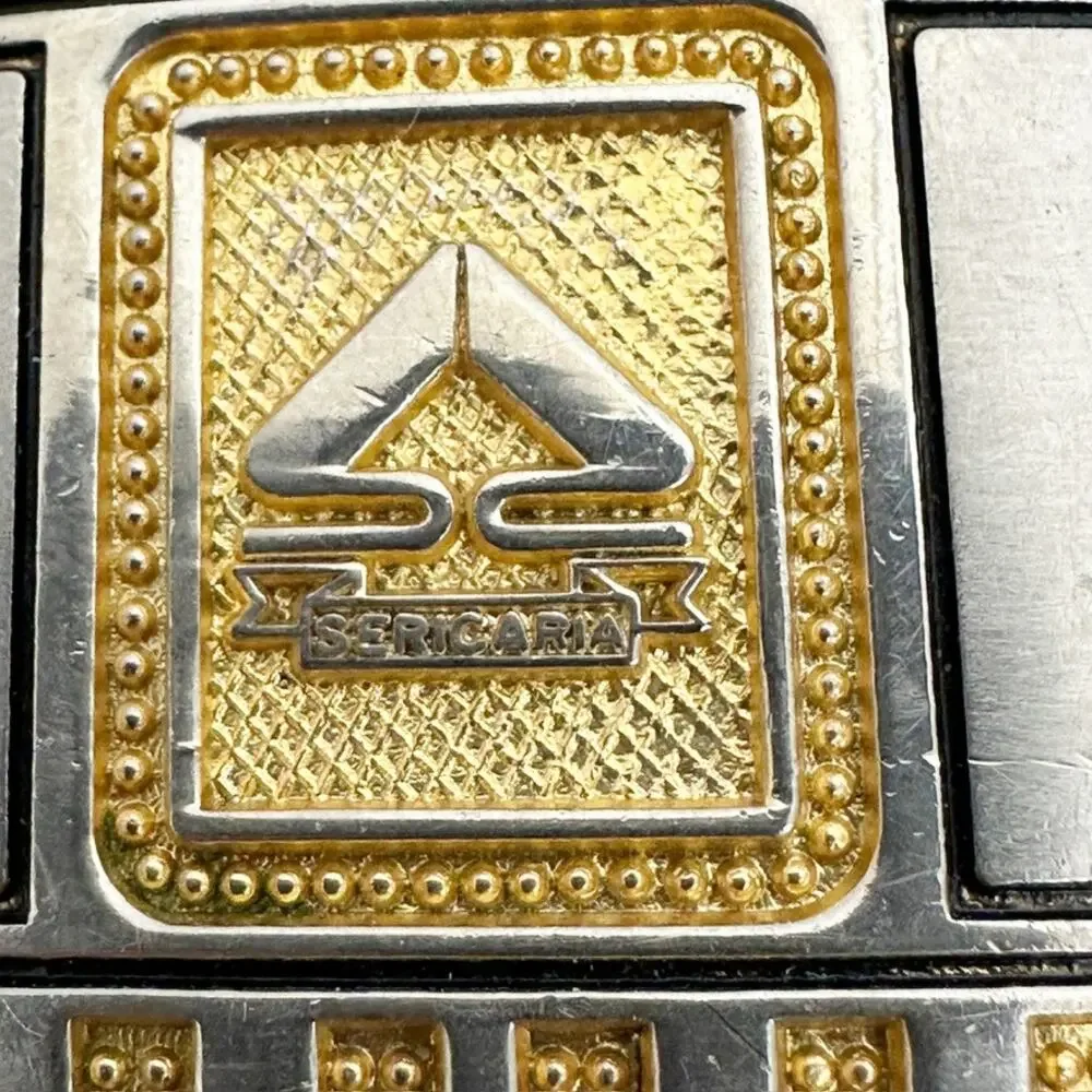 Sericaria Reversible Clamp On Belt Buckle Gold Tone Bead Dot Border Logo ✨
